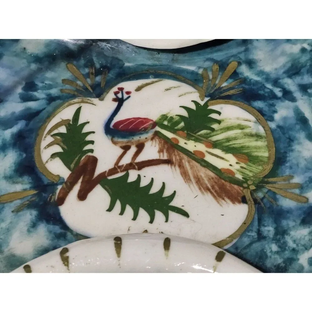 Vintage Hand Painted Ceramic Peacock Dish with Wire Handle Trinket